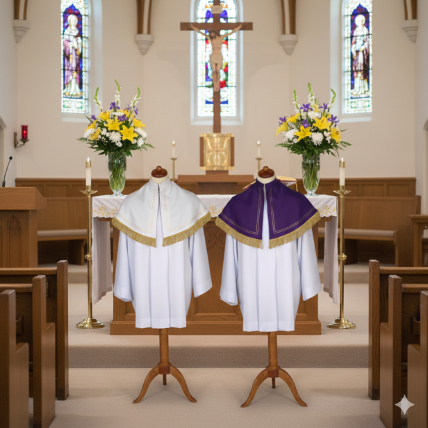 Pelerynka ministrancka dwustronna – biało-fioletowa / zielono-czerwona