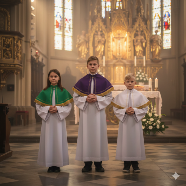 Pelerynka ministrancka dwustronna – biało-fioletowa / zielono-czerwona