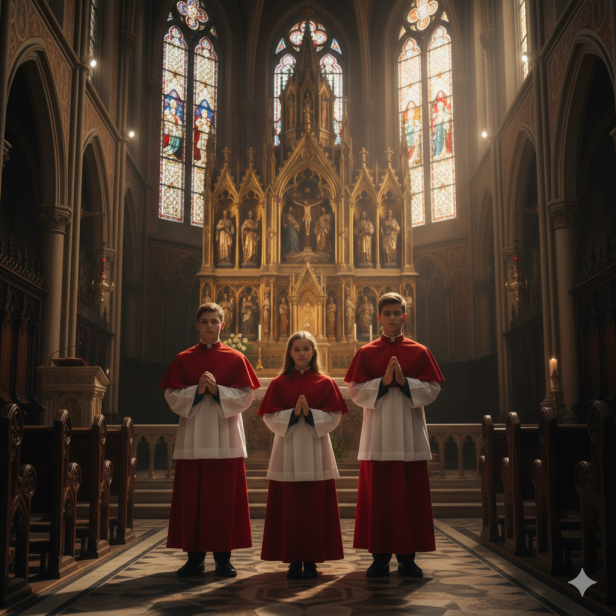 Strój ministrancki dwuczęściowy – pelerynka z ozdobnymi guzikami