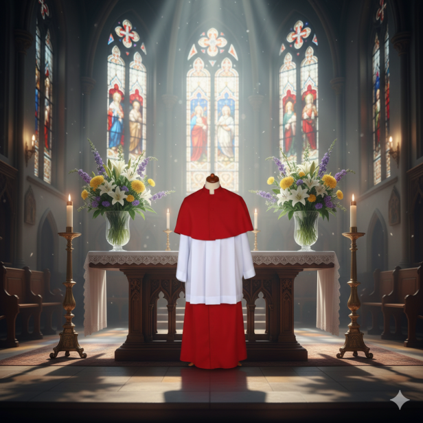 Strój ministrancki dwuczęściowy – pelerynka z ozdobnymi guzikami