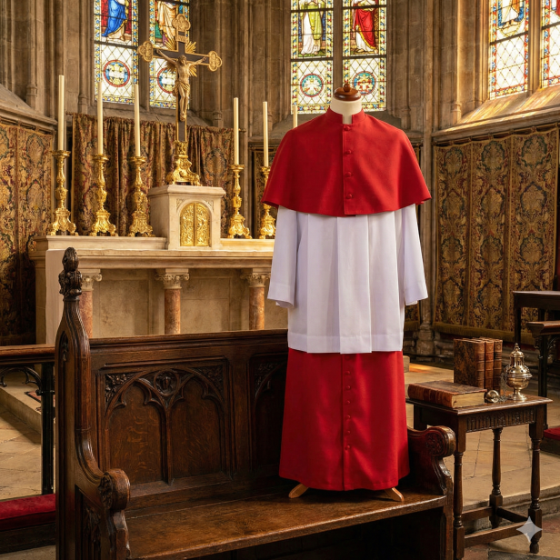 Strój ministrancki dwuczęściowy – pelerynka z ozdobnymi guzikami