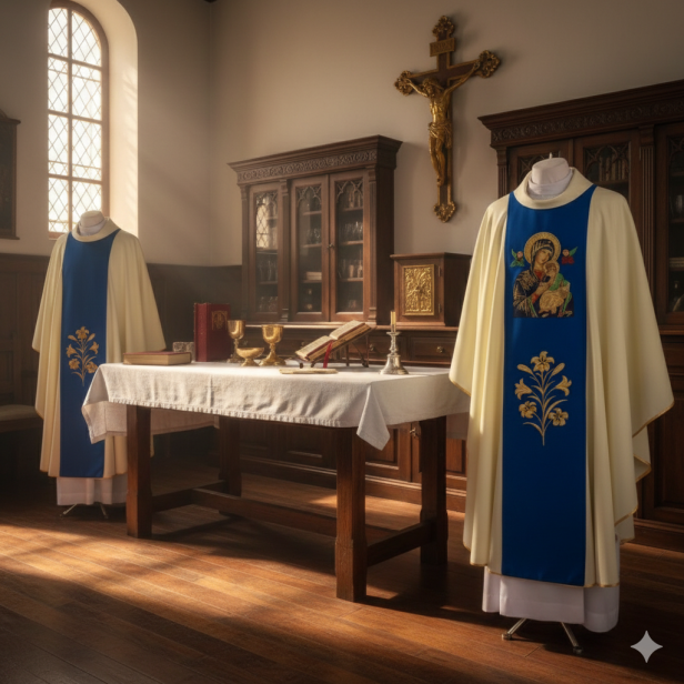 Ornat Matka Boża Nieustającej Pomocy – niebieski pas | Dwustronny haft