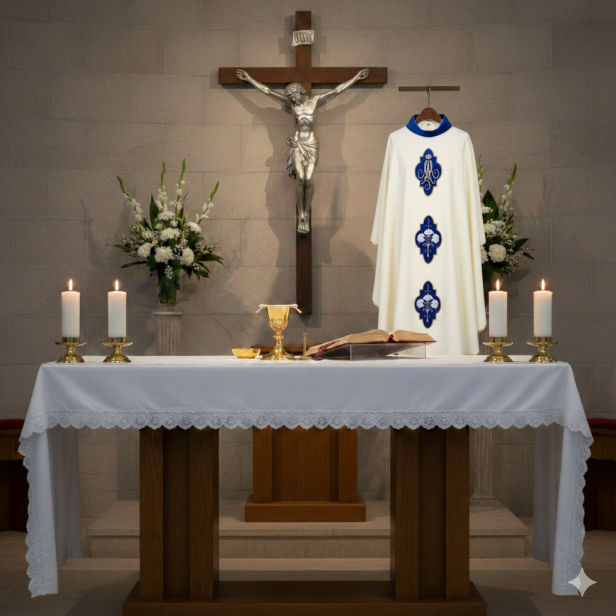 Ornat Maryjny – modrakowe aksamitne aplikacje | Haft liturgiczny