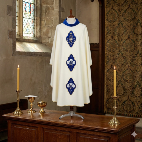 Ornat Maryjny – modrakowe aksamitne aplikacje | Haft liturgiczny