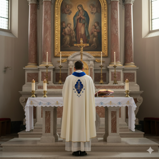 Ornat Maryjny – modrakowa aksamitna aplikacja | Minimalistyczny haft