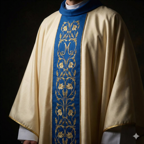 Ornat Maryjny – bogaty haft na modrakowym pasie | Uroczysty model