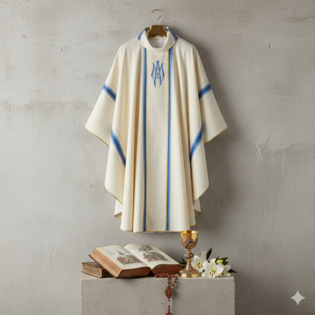 Ornat Maryjny z ozdobnej tkaniny – subtelny haft monogramu