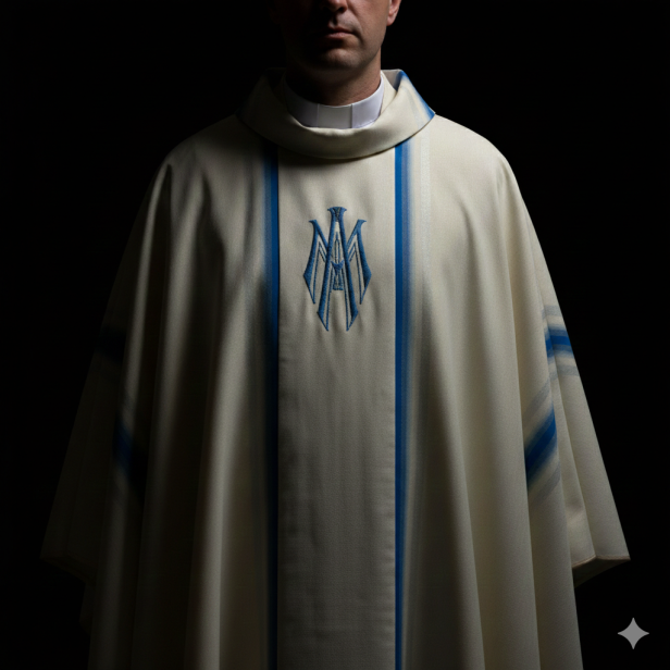 Ornat Maryjny z ozdobnej tkaniny – subtelny haft monogramu