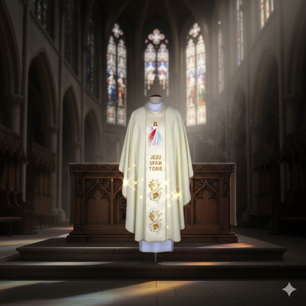 Ornat Jezus Miłosierny – haftowany wizerunek | Szaty liturgiczne