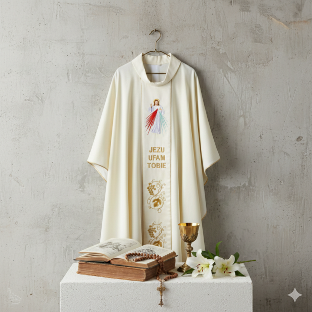 Ornat Jezus Miłosierny – haftowany wizerunek | Szaty liturgiczne