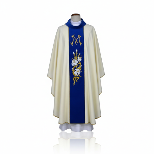 Ornat Maryjny ecru – aksamitny modrakowy pas | Haft liturgiczny