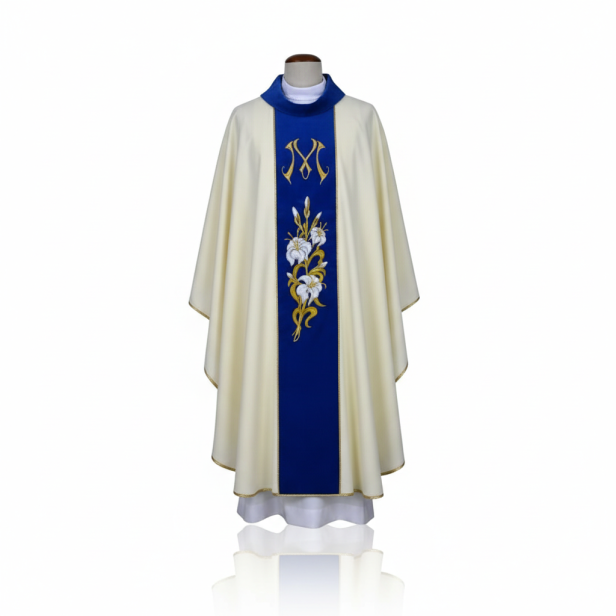 Ornat Maryjny ecru – aksamitny modrakowy pas | Haft liturgiczny