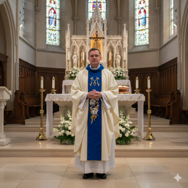 Ornat Maryjny ecru – aksamitny modrakowy pas | Haft liturgiczny