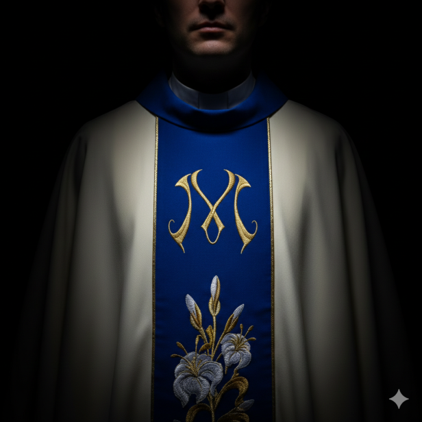 Ornat Maryjny ecru – aksamitny modrakowy pas | Haft liturgiczny
