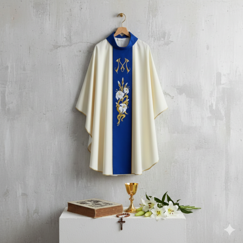 Ornat Maryjny ecru – aksamitny modrakowy pas | Haft liturgiczny