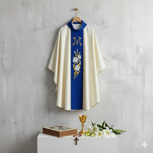 Ornat Maryjny ecru – aksamitny modrakowy pas | Haft liturgiczny