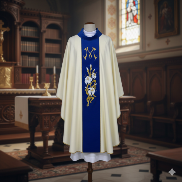 Ornat Maryjny ecru – aksamitny modrakowy pas | Haft liturgiczny