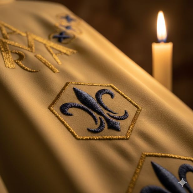 rnat Maryjny ecru – nowoczesny haft geometryczny | Model współczesny