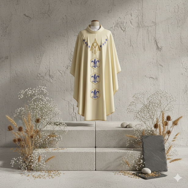 rnat Maryjny ecru – nowoczesny haft geometryczny | Model współczesny