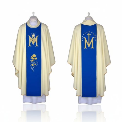 Ornat Maryjny ecru – monogram M z różą | Dwustronny haft