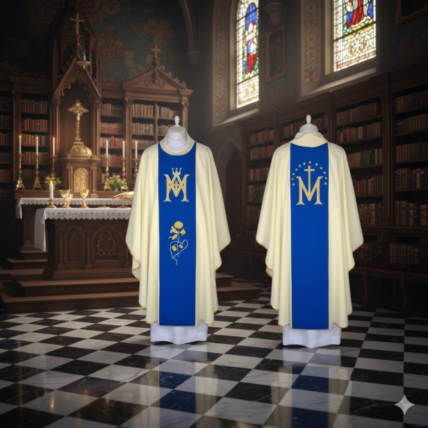 Ornat Maryjny ecru – monogram M z różą | Dwustronny haft