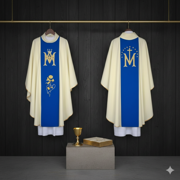 Ornat Maryjny ecru – monogram M z różą | Dwustronny haft