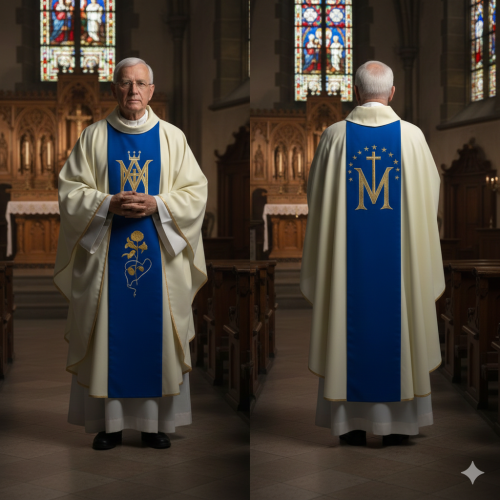 Ornat Maryjny ecru – monogram M z różą | Dwustronny haft