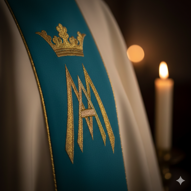 Ornat Maryjny ecru – tkany pas maryjny | Symbolika korony i lilii