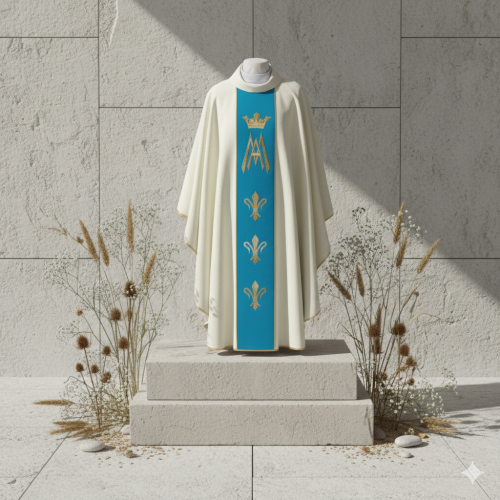 Ornat Maryjny ecru – tkany pas maryjny | Symbolika korony i lilii