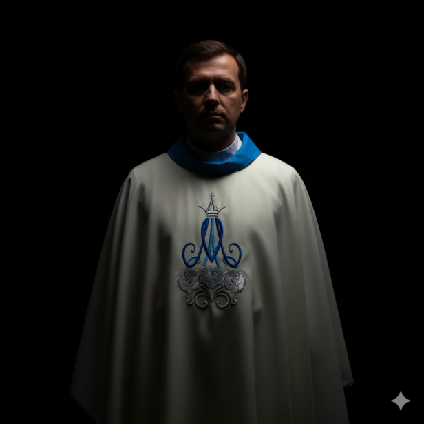 Ornat Maryjny klasyczny – subtelny haft z niebieską lamówką | Szaty Liturgiczne