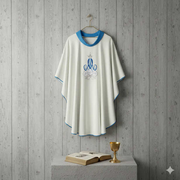 Ornat Maryjny klasyczny – subtelny haft z niebieską lamówką | Szaty Liturgiczne