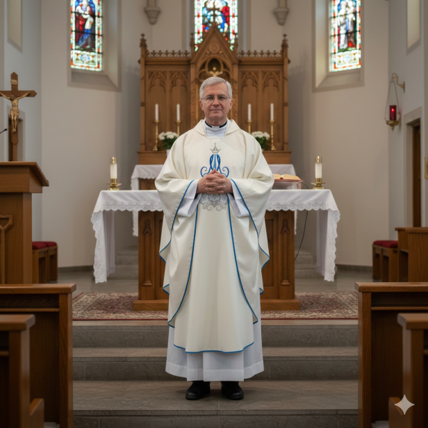 Ornat Maryjny klasyczny – subtelny haft z niebieską lamówką | Szaty Liturgiczne
