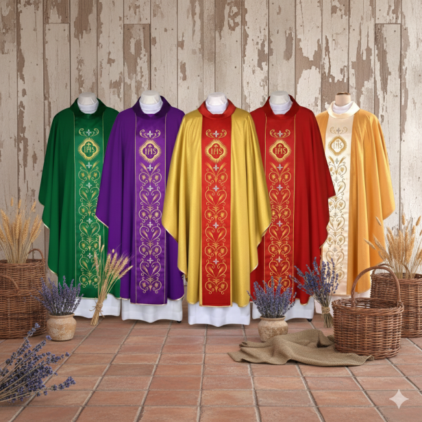 Ornat haftowany z atłasowym pasem – 5 kolorów liturgicznych