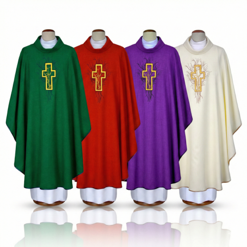 Ornat haftowany z krzyżem – kołnierz golf | 4 kolory liturgiczne