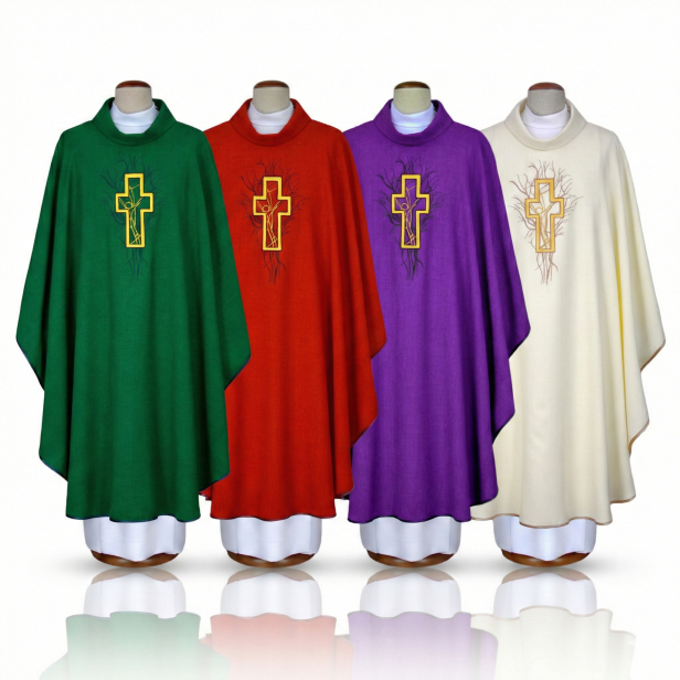 Ornat haftowany z krzyżem – kołnierz golf | 4 kolory liturgiczne