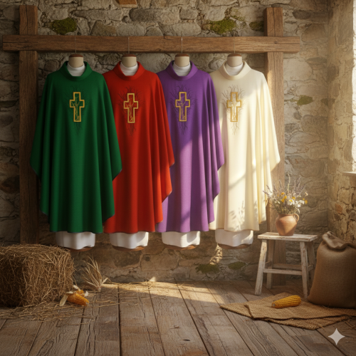 Ornat haftowany z krzyżem – kołnierz golf | 4 kolory liturgiczne