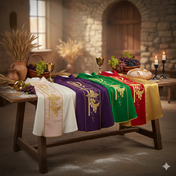 Ornat brokatowy z tkanym pasem – 6 kolorów liturgicznych