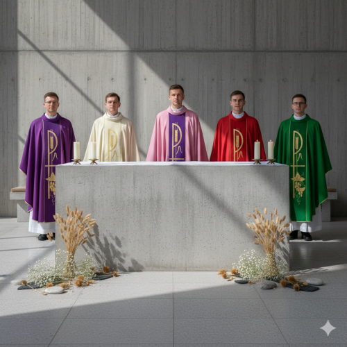 Ornat brokatowy z tkanym pasem – 6 kolorów liturgicznych