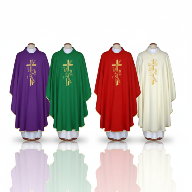 Ornat haftowany z krzyżem i kłosami – 4 kolory liturgiczne