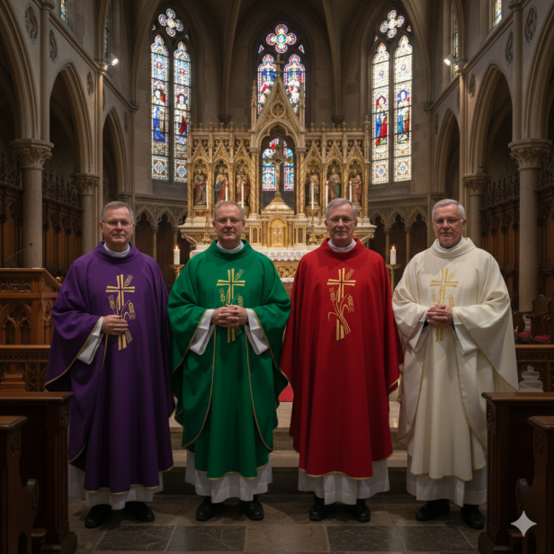 Ornat haftowany z krzyżem i kłosami – 4 kolory liturgiczne