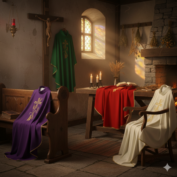 Ornat haftowany z krzyżem i kłosami – 4 kolory liturgiczne