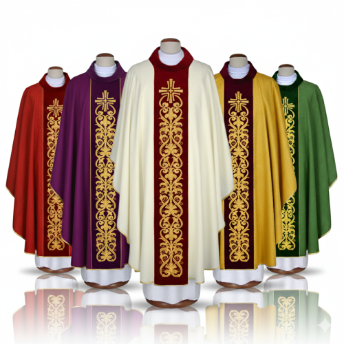 Ornat haftowany z aksamitnym pasem – 5 kolorów liturgicznych
