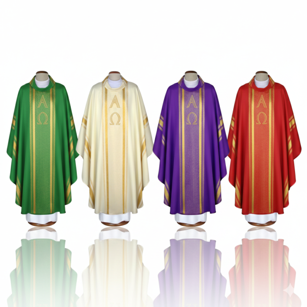 Ornat z haftem Alfa i Omega – brokatowe pasy (4 kolory)