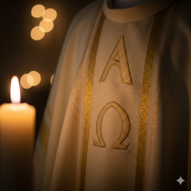 Ornat z haftem Alfa i Omega – brokatowe pasy (4 kolory)