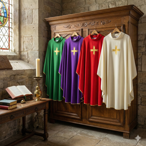 Ornat haftowany ze złotym krzyżem – model klasyczny (4 kolory)