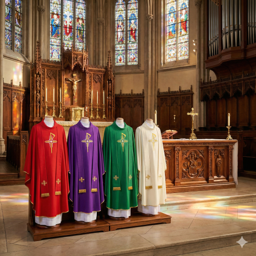 Ornat haftowany z krzyżem stylizowanym – 4 kolory liturgiczne