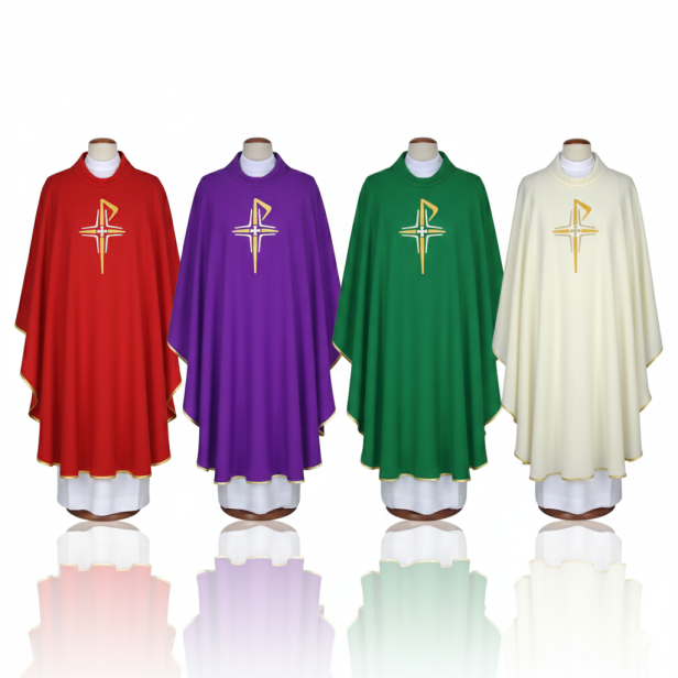 Ornat haftowany z krzyżem stylizowanym – 4 kolory liturgiczne