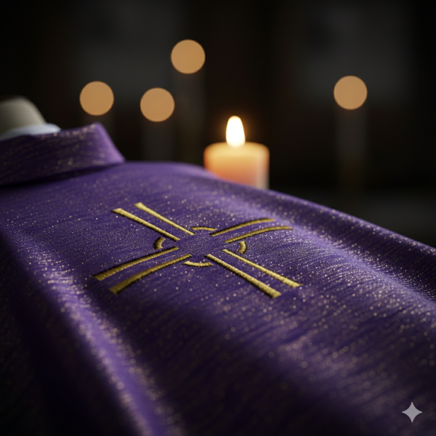 Ornat z wypukłym haftem krzyża – tkanina przetykana złotą nicią (4 kolory)