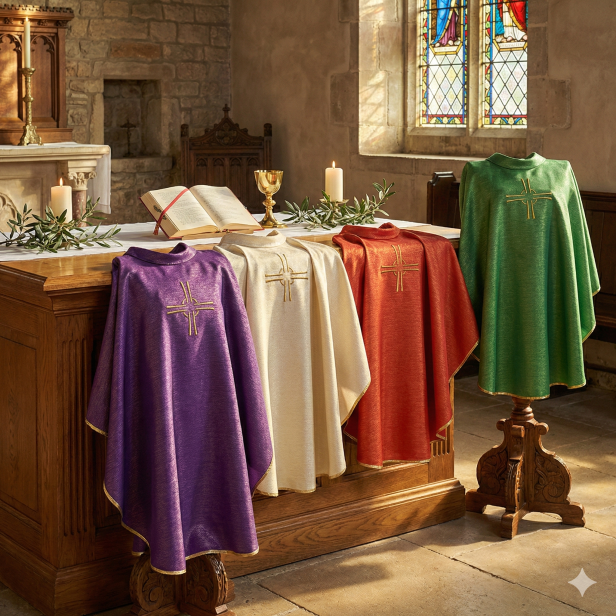 Ornat z wypukłym haftem krzyża – tkanina przetykana złotą nicią (4 kolory)