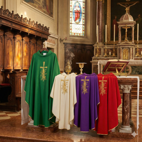 Ornat z haftem krzyża i ornamentem – 4 kolory liturgiczne